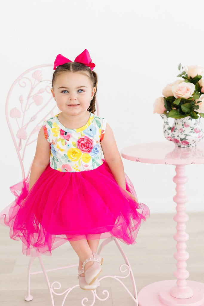 mila & rose rosie tank pink tutu dress featuring pink, blue & yellow flowers