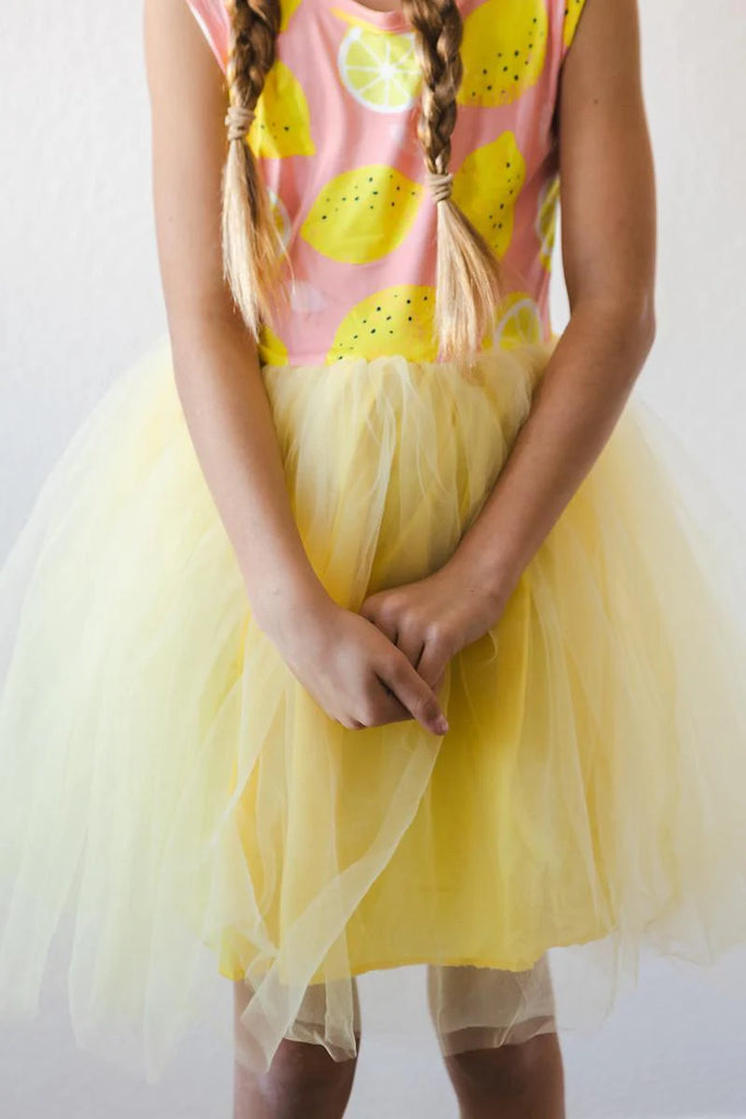 mila & rose lemon squeezy tank yellow tutu dress wih pink bodice and lemon print 
