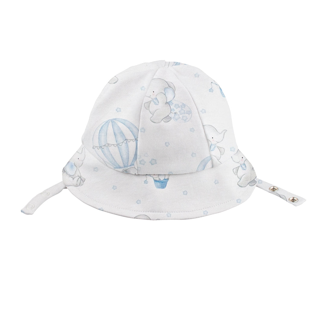 baby club chic Dreamy Air Balloons Blue Printed Sun Hat. gray & blue elephant & hot air balloon print on white background.  snap closure.  100% pima cotton