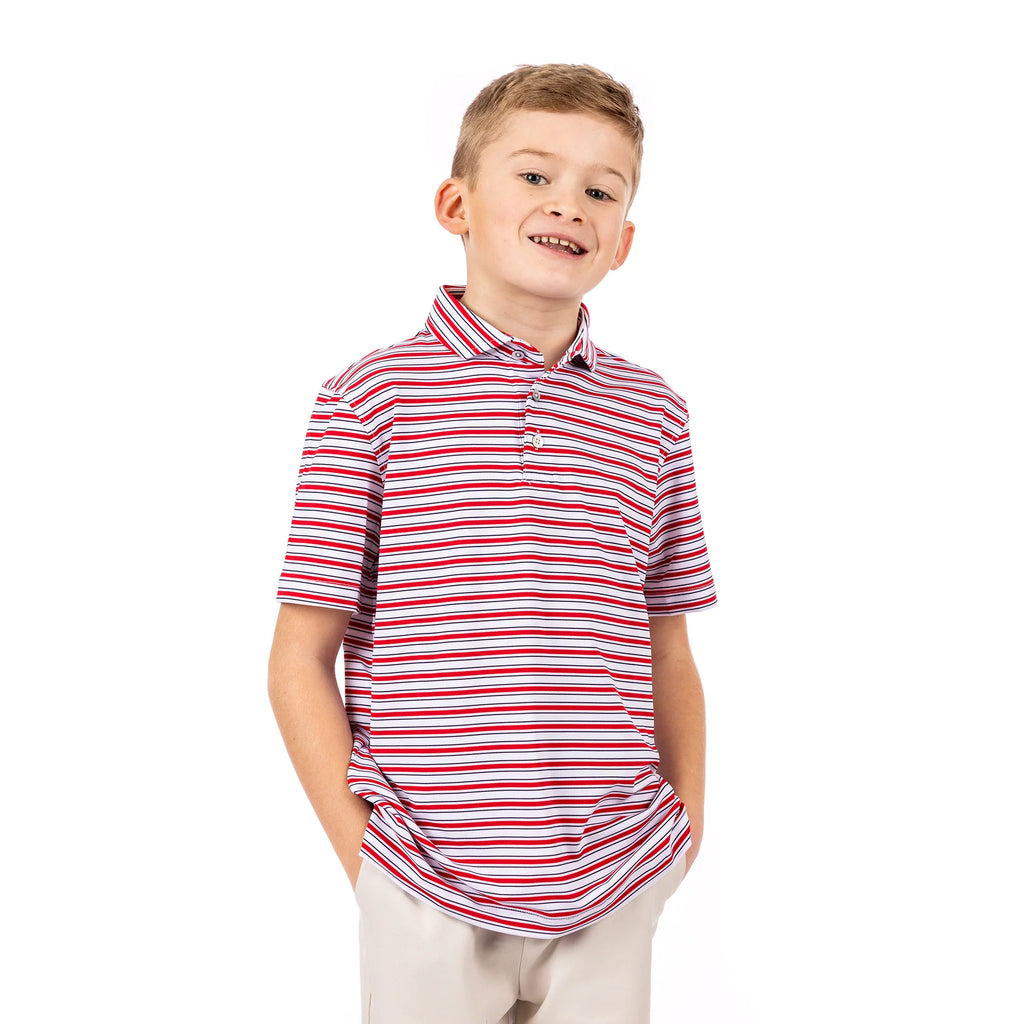 YOUTH PRO STRIPE PERFORMANCE POLO, RED, WHITE, NAVY - Lily Pad