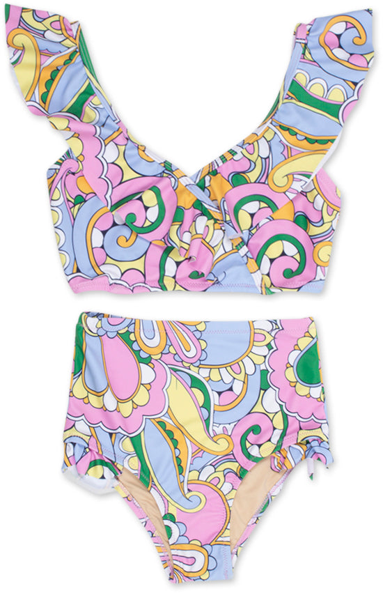 Ruffle High Waist Bikini, Periwinkle Swirl - Lily Pad