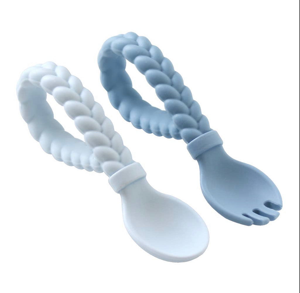 Sweetie Spoons™  Silicone Baby Fork + Spoon Set, Blue - Lily Pad