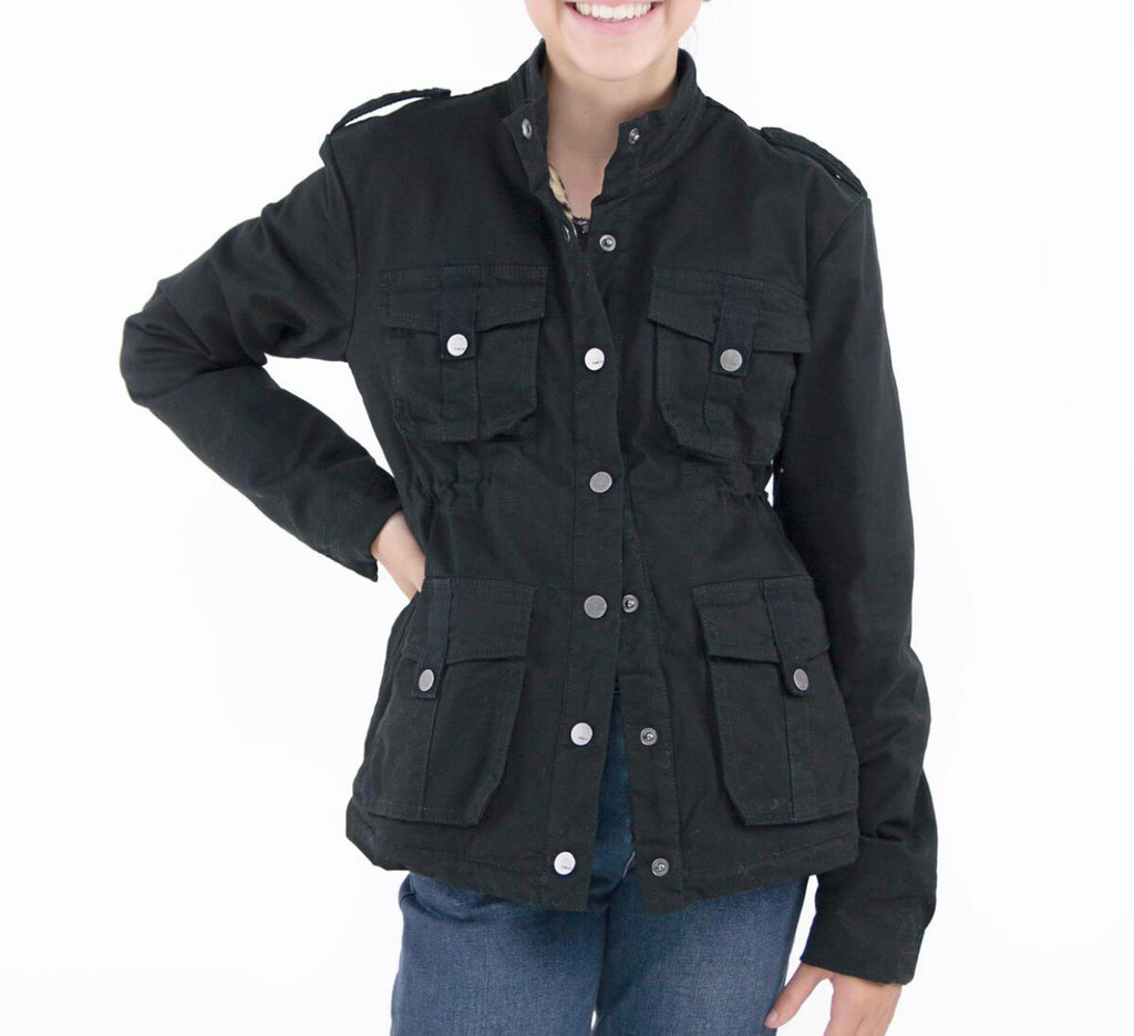 Twill Military Jacket with Leopard Lining, Black - Lily Pad