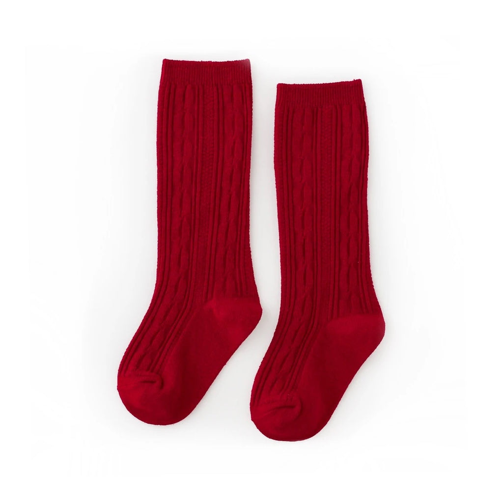 True Red Cable Knit Knee High Socks - Lily Pad