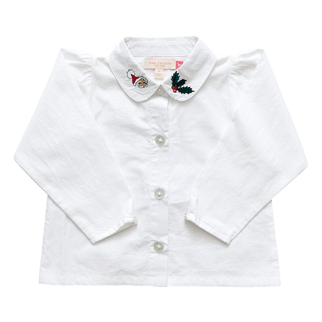 Girls Collar Shirt, Holiday Embroidery - Lily Pad