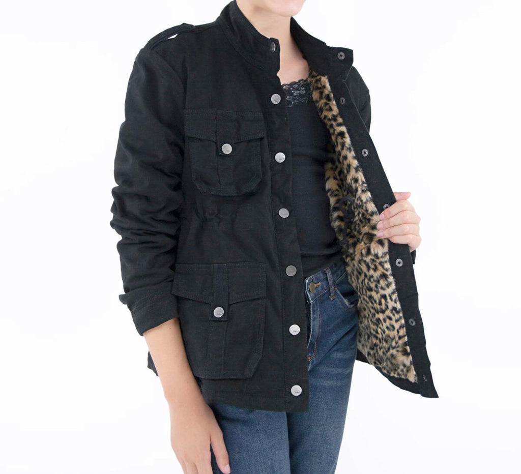 Twill Military Jacket with Leopard Lining, Black - Lily Pad