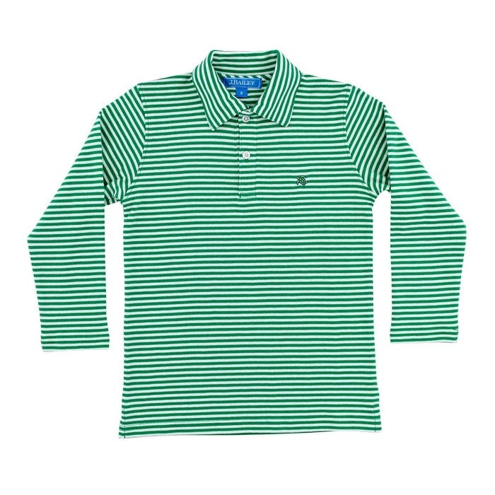 Long Sleeve Polo, Green/White Stripe - Lily Pad