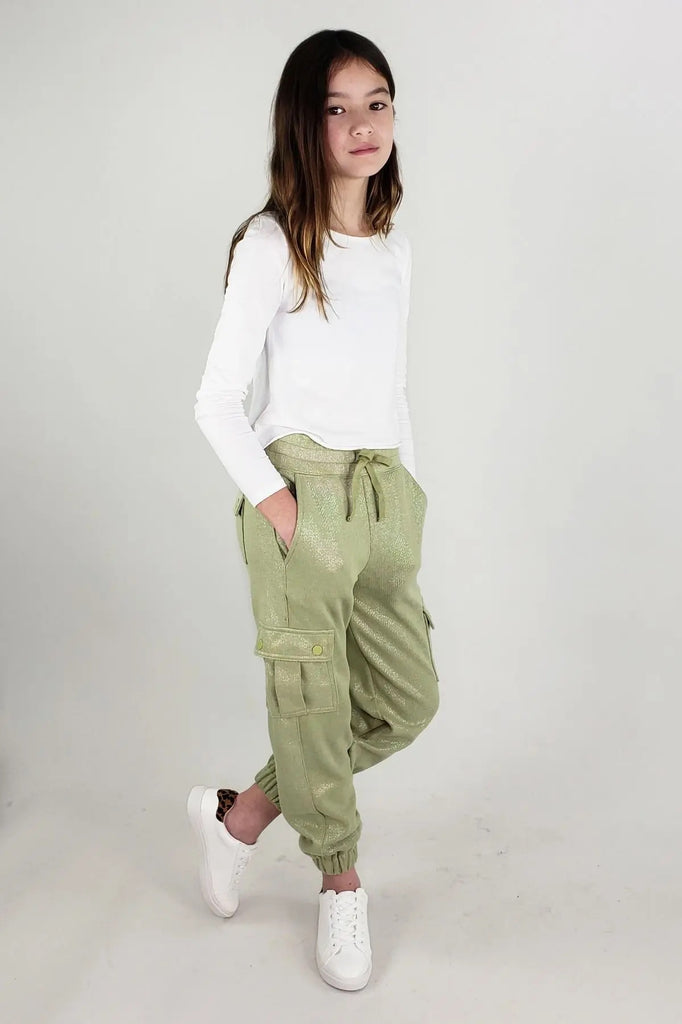 Iridescent Cargo Knit Jogger Pants, Green - Lily Pad
